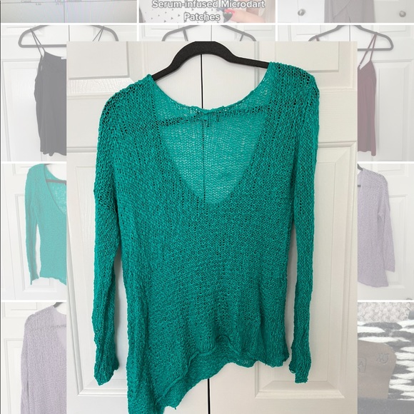 Talula Aritzia Loose Knit Teal Asymmetrical Long Sleeve V-Neck Sweater, size S - Picture 2 of 2